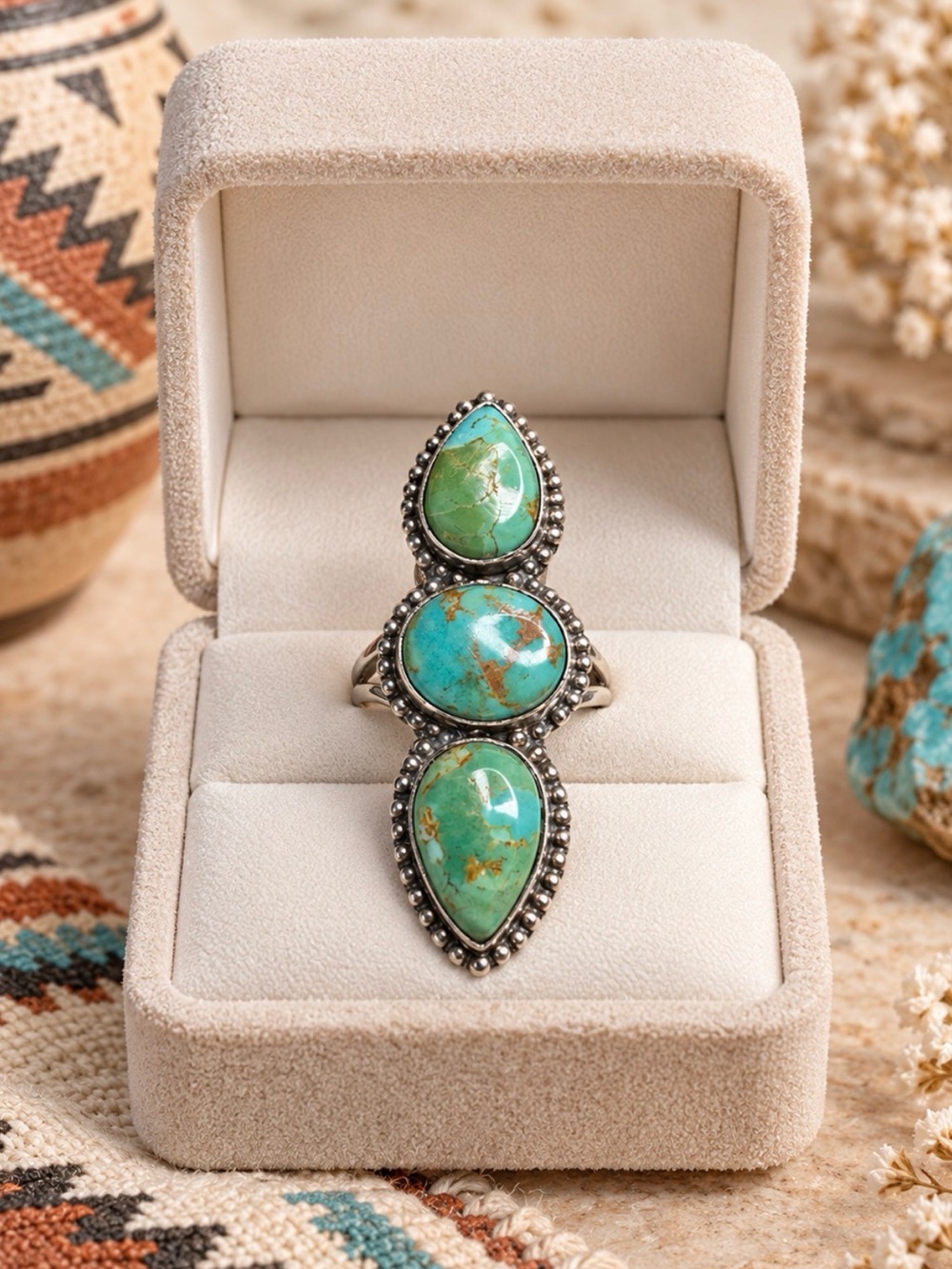 Ring Genuine Turquoise Triple-Stone Sterling Silver